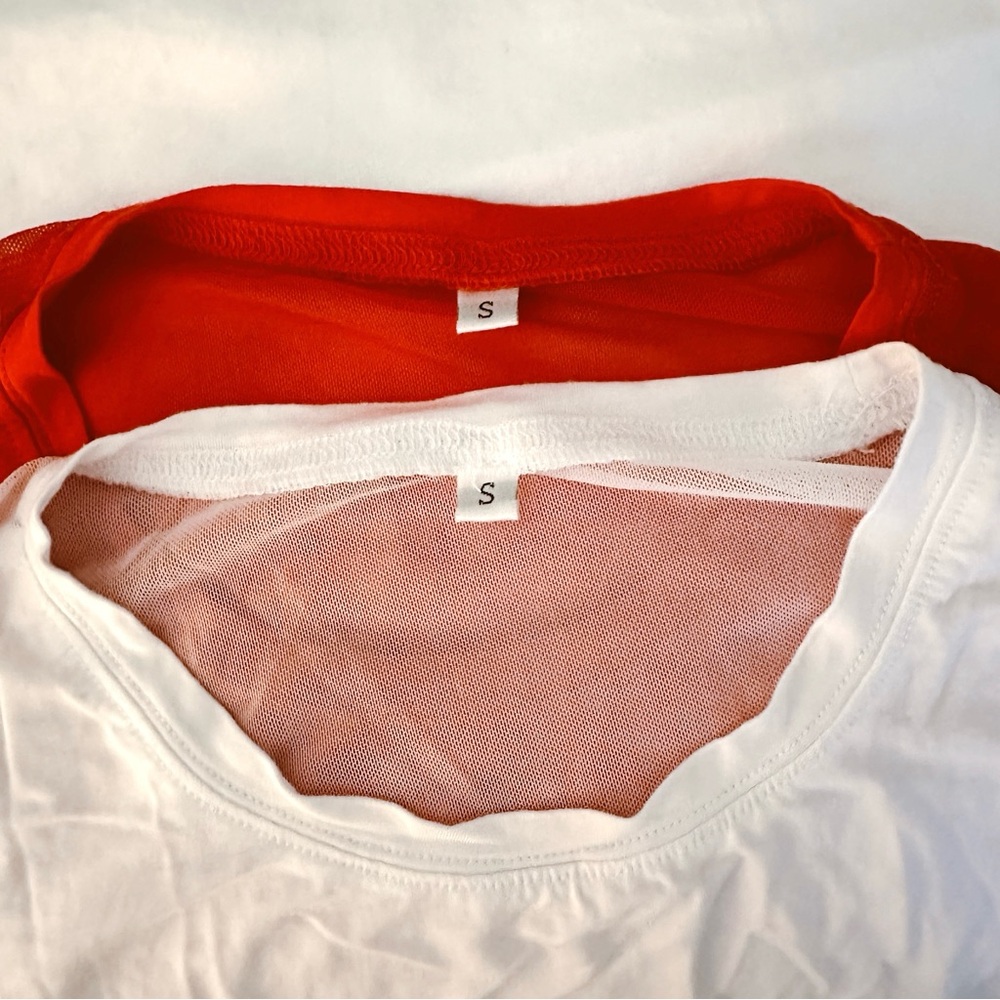 2 Workout Crop Top Tank Tops, Cute Sheer Mesh Back - Red and White - Small (2/4)